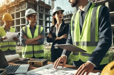 DALL·E 2024-10-18 02.13.39 - A professional image representing project management. The image shows a team of construction professionals, including an engineer and a site manager,