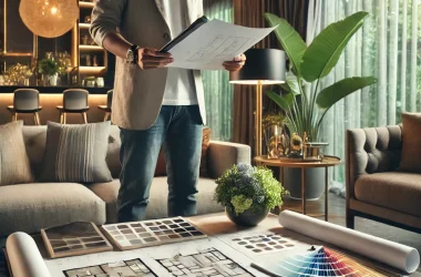 DALL·E 2024-10-18 02.14.53 - A professional image representing interior design. The image shows a designer working on modern interior layouts using blueprints, fabric samples, and