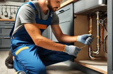 DALL·E 2024-10-18 02.20.02 - A professional image representing plumbing services. The image shows a plumber wearing a work uniform, including a blue jumpsuit and safety gloves, wo