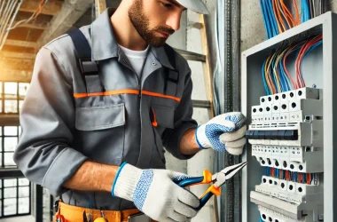 DALL·E 2024-10-18 02.21.09 - A professional image representing electrical work. The image shows an electrician wearing a safety uniform, including a hard hat and gloves, working o