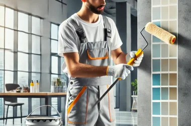 DALL·E 2024-10-18 02.22.12 - A professional image representing painting and finishing services. The image shows a painter wearing a work uniform and safety gloves, using a paint r